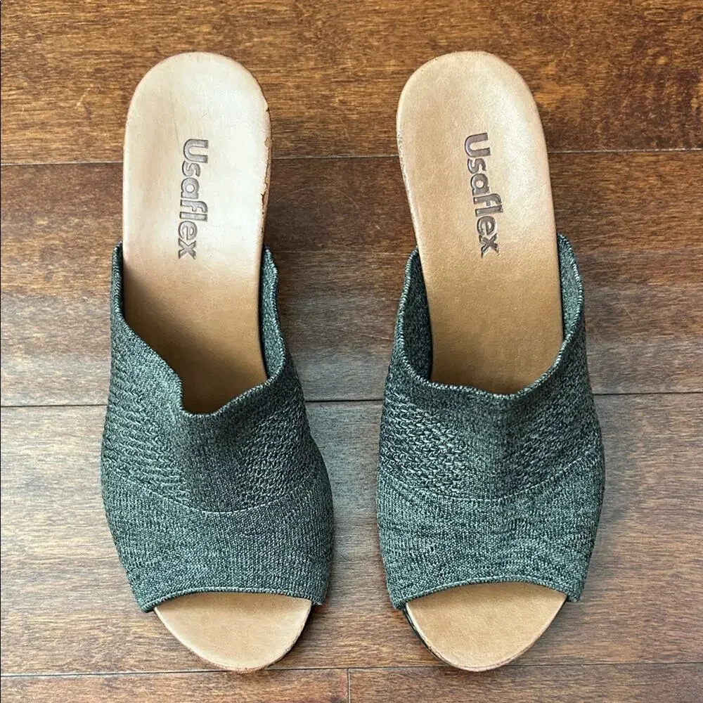 Usaflex Women's Gray Knit Wedge Slide Sandals, Size 8